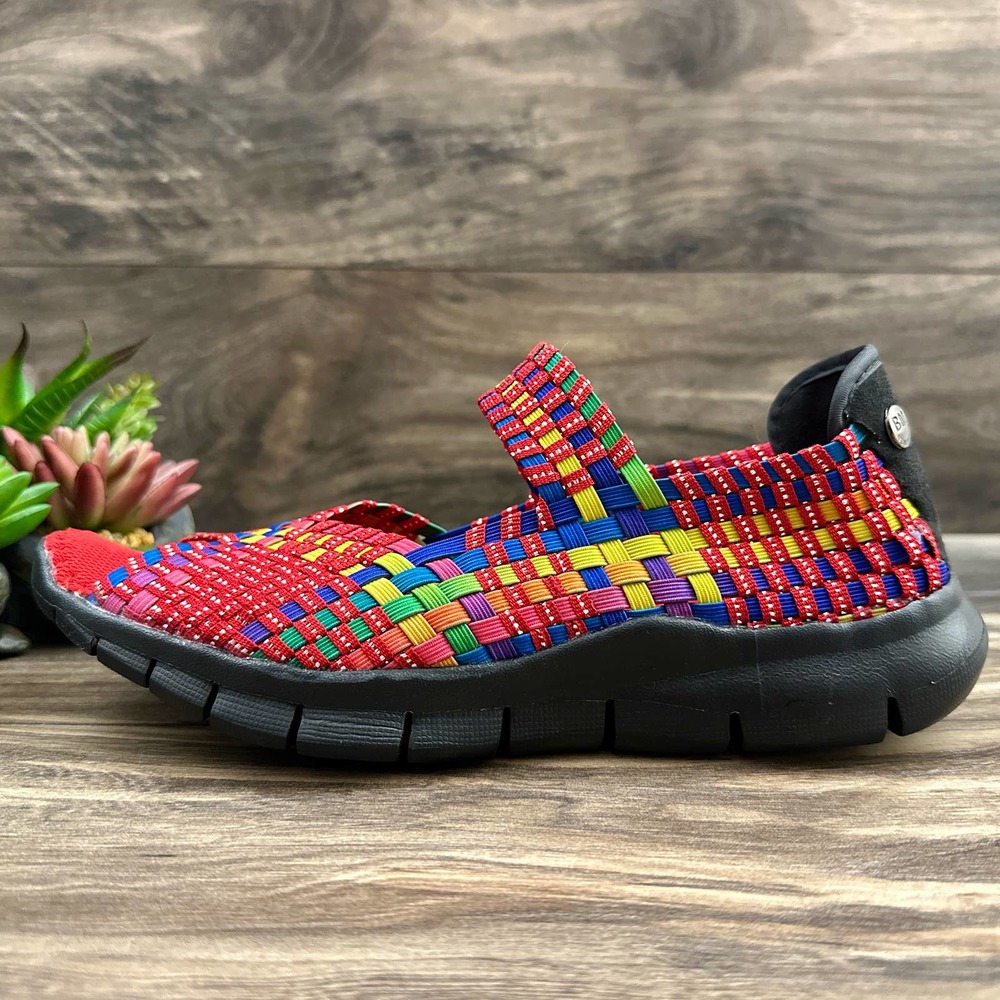 ❌SOLD❌NIB Bernie Mev 39 8 Red Multi Open Toe Woven Stretchy Mary Jane Flats - Picture 5 of 11